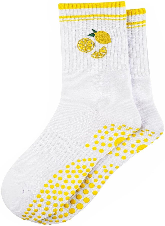 floconssy Pilates Socks for Women, White Grip Yoga Crew Non Slip Embroidery Socks for Barre Workout Hospital Slipper Lemon - Image 1